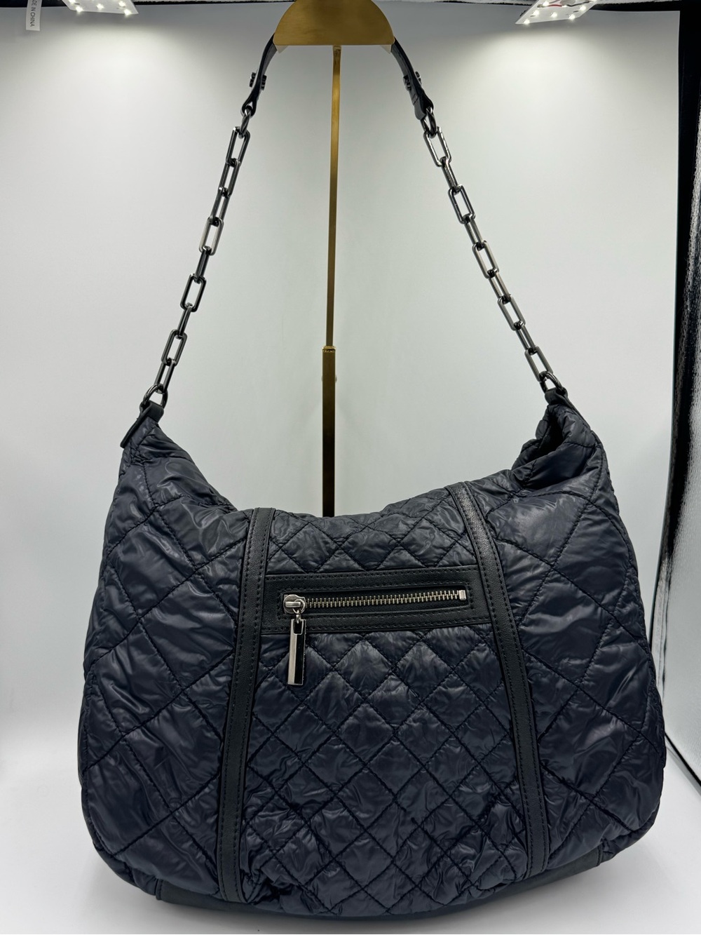 Tory Burch Quilted Black Nylon Shoulder Hobo with Leather Trim & Chain Strap